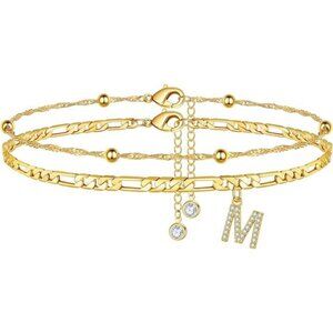 Ankle Bracelets for Women,14K GoldPlated Dainty Layered Chain CZ Initial Anklets